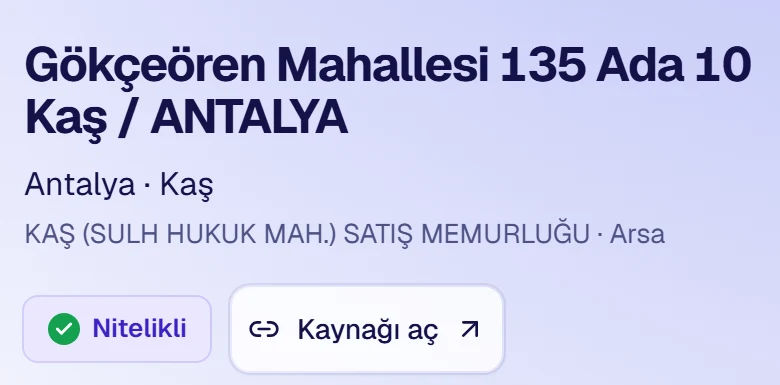 The Kaş record’s detail page header: “Nitelikli” (qualified) and the “Kaynağı aç” button