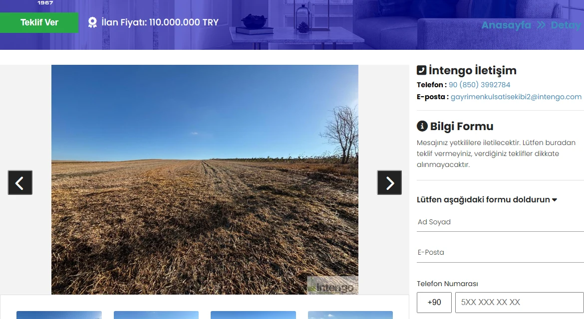 The original listing on gayrimenkul.intengo.com that “Kaynağı aç” opens: listed at 110,000,000 TRY, with its photo gallery
